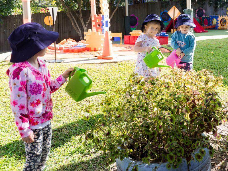 3 children watering the garden plants with watering cans, on a sunny morning in the playground